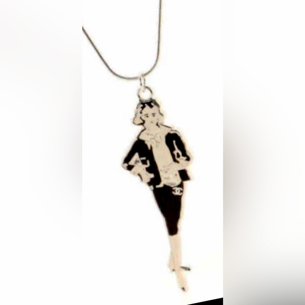 Chanel Vintage Black Silver Metal Coco Mademoiselle Pendant Necklace.